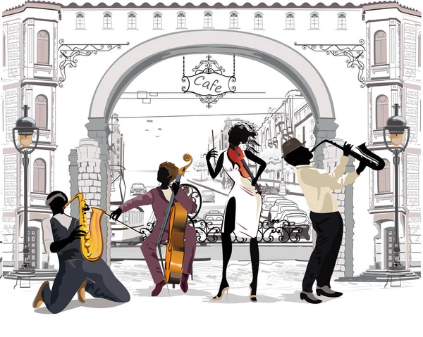 Des musiciens de rue dans la ville. Jazz band . — Image vectorielle