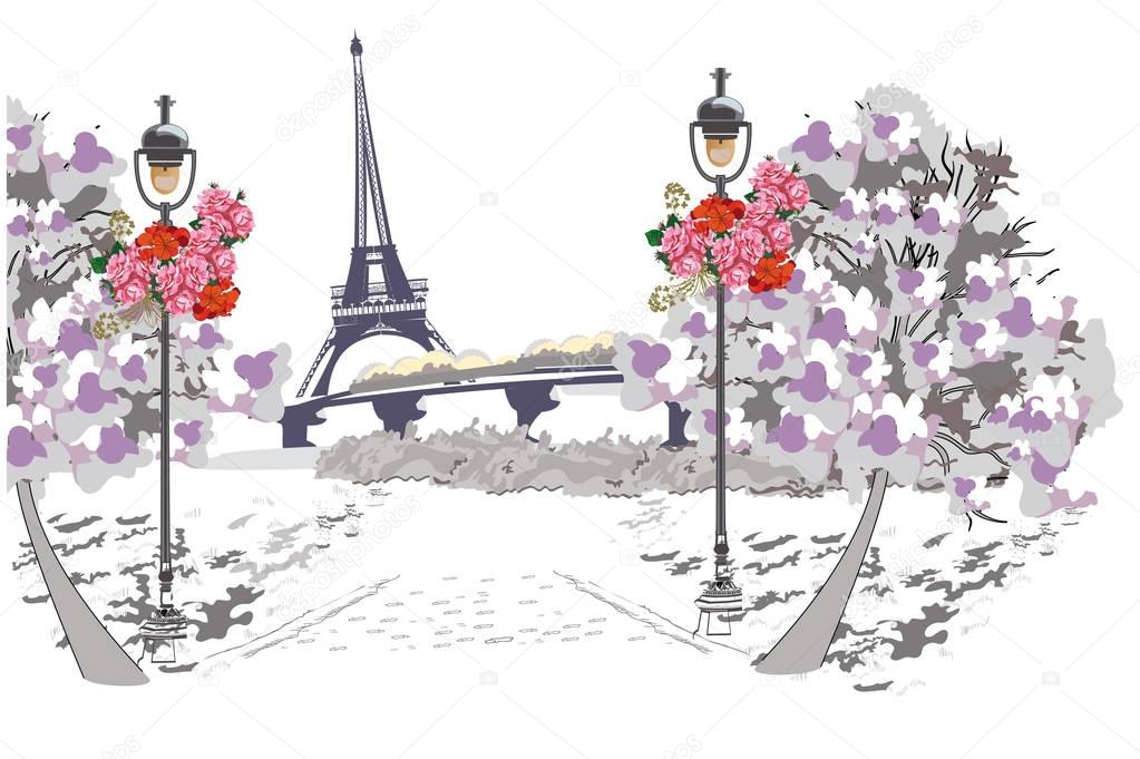 Background with the view of the Eiffel tower in Paris. 