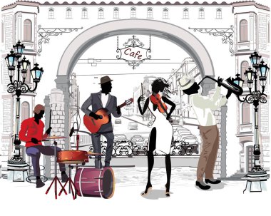 Street musicians in the city. clipart