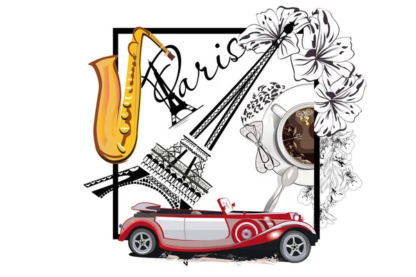 Šálek kávy s lžící a na Eiffelovu věž. Saxofon a retro auta. — Stockový vektor