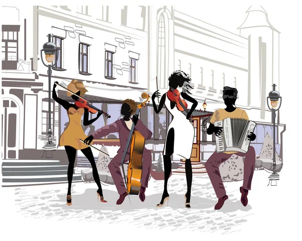 Street musicians in the city. — Stock Vector