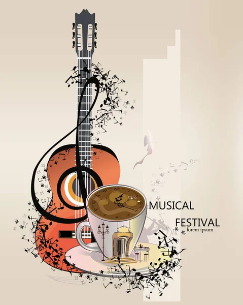 Abstract musical background with a guitar and treble clef. — Stock Vector