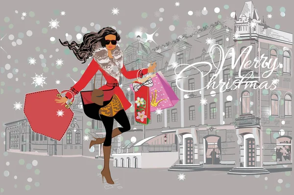 Fashion girl in a hat and in  a coat  shopping in the street of the old city. — Stock Vector