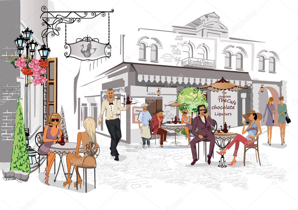 Series of the street cafes with people.