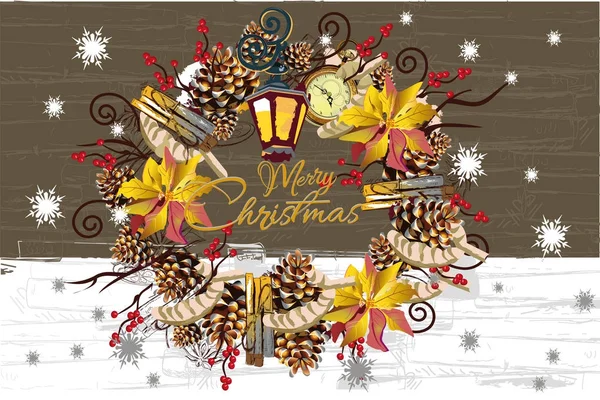 Kerst slinger met decoraties uit hout, specerijen, bloemen. — Stockvector