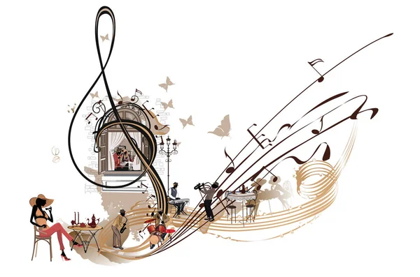 Musique de café. Clef d'aigu abstraite décorée avec des musiciens et une fenêtre de café . — Image vectorielle