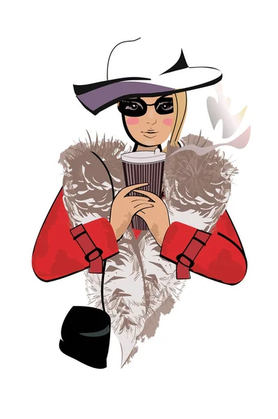 Fashion girl in red coat with a paper cup of coffee. — Stock Vector