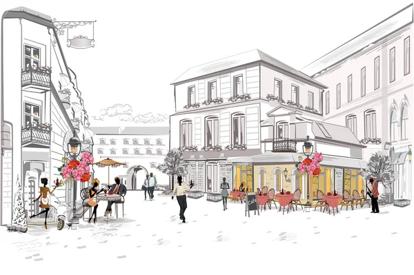 Les Gens Mode Restaurant Café Rue Dans Vieille Ville Les — Image vectorielle