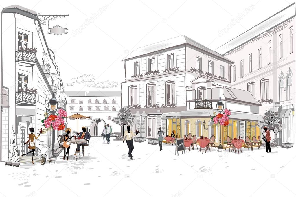 Fashion people in the restaurant. Street cafe in the old city. Girls drinking coffee at the cafe table. Hand drawn Vector Illustration. 