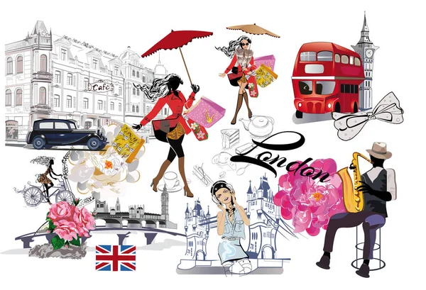 Uppsättning av London illustrationer med mode flickor, kaféer och musiker. — Stock vektor