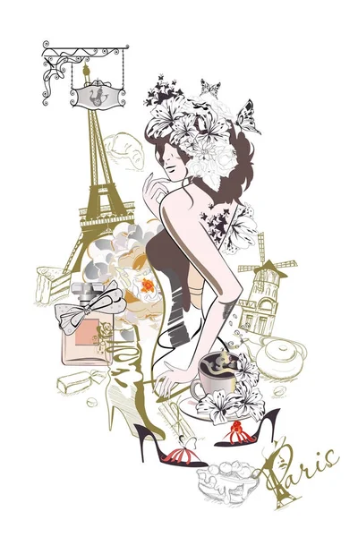 Bordüre aus Pariser Illustrationen mit Modemädchen, Cafés und Blumen. — Stockvektor