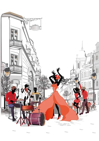 ミュージシャンと旧市街で踊るカップル通りのシリーズ 手描きレトロな建物とベクトル図 — ストックベクタ