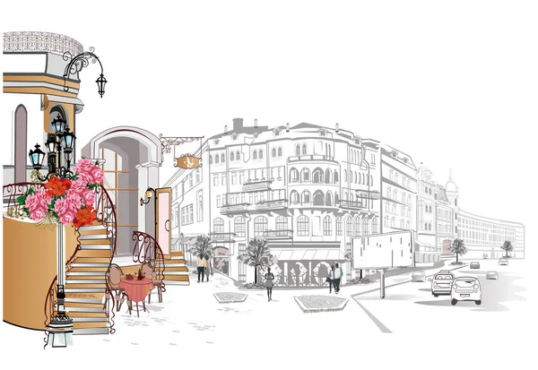 Serie de fondos decorados con flores, vistas al casco antiguo y cafés callejeros . — Vector de stock