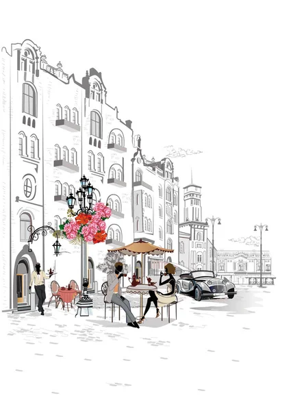 时尚界人士在街边的咖啡馆 与花在旧城的街头咖啡馆 侍者端来表 — 图库矢量图片