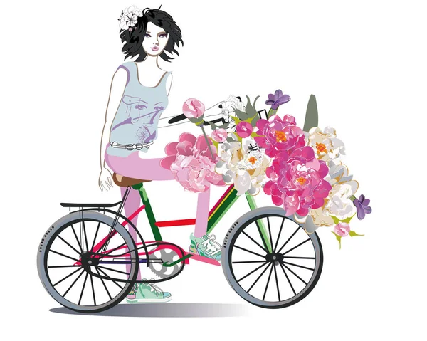Menina da moda na bicicleta com flores . — Vetor de Stock