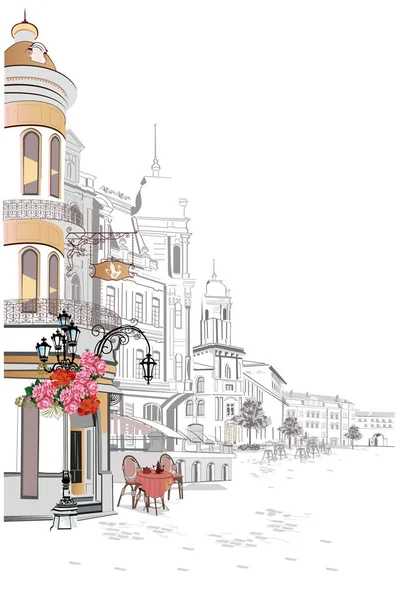 Series of backgrounds decorated with flowers, old town views and street cafes. — Stock Vector