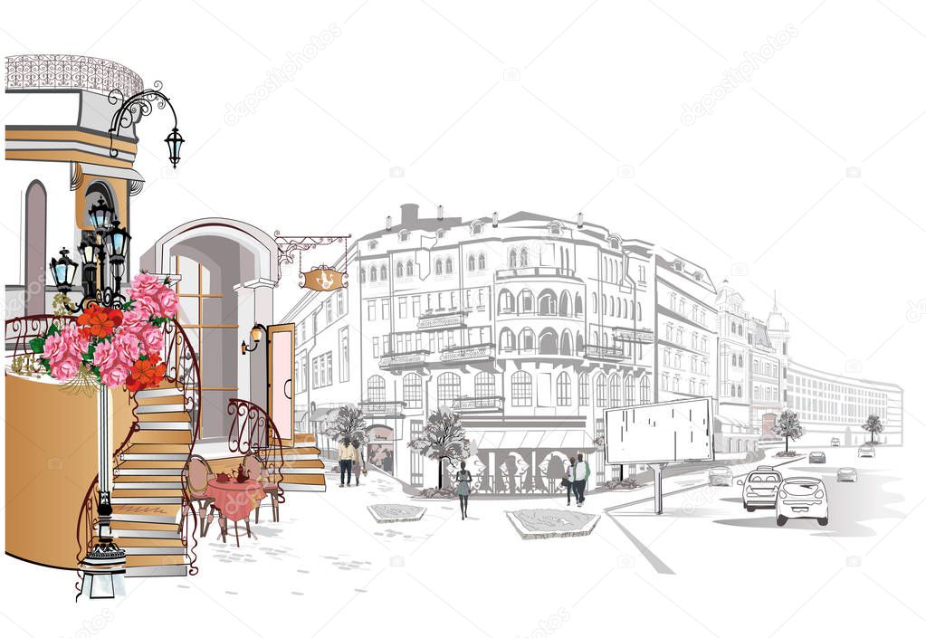 Series of backgrounds decorated with flowers, old town views and street cafes.  
