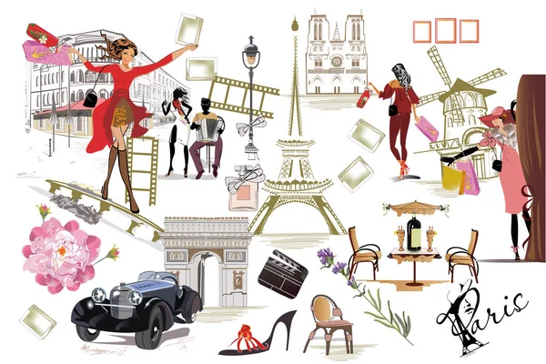 Набор парижских иллюстраций с модницами, кафе и музыкантами . — стоковый вектор