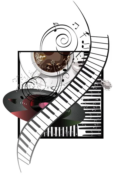 Abstract musical design with piano and a coffee cup. — Stock Vector