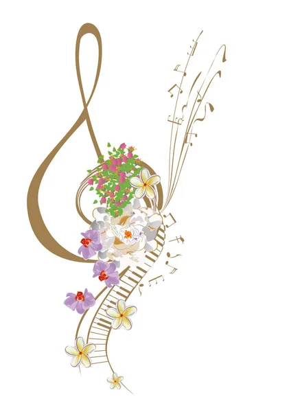 Chiave di violino astratta decorata con fiori estivi e primaverili . — Vettoriale Stock
