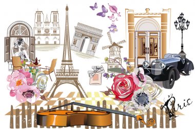 Paris illüstrasyonlar moda kızlar, kafeler ve müzisyenler ile kümesi. Vektör çizim.