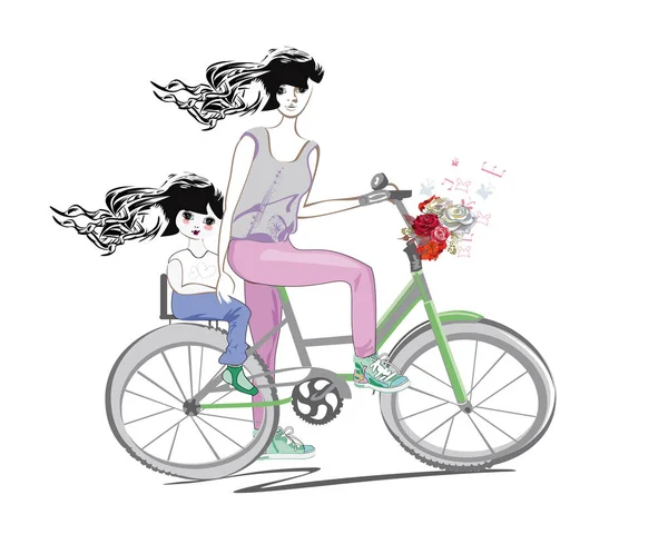 Moda madre y su hija en la bicicleta con flores — Vector de stock