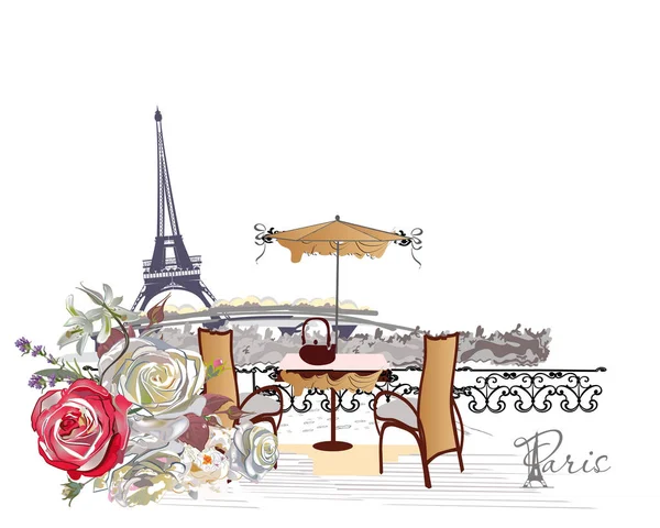 Sada Paříž ilustrací s pouliční kavárny a na Eiffelovu věž. — Stockový vektor
