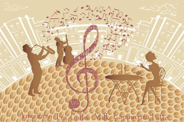 在城市的街头音乐家 爵士乐队 手绘矢量图和复古的建筑 — 图库矢量图片