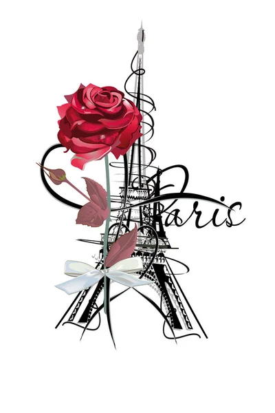 Sada Paříž ilustrací s rudou růži a Eiffelova věž. — Stockový vektor