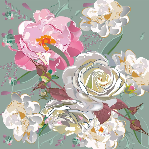 牡丹、バラやダリアの花飾り. — ストックベクタ