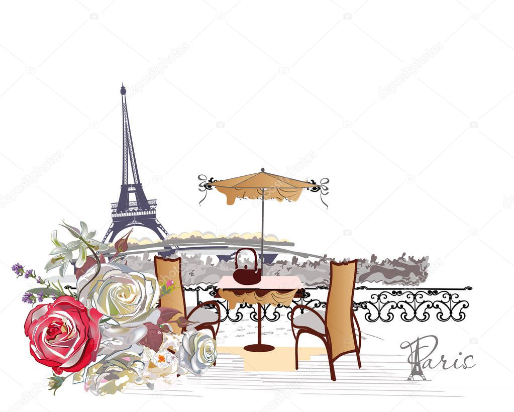 Set of Paris illustrations with street cafes and the Eiffel tower.