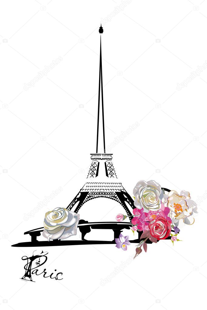 Set of Paris illustrations with flowers and the Eiffel tower.