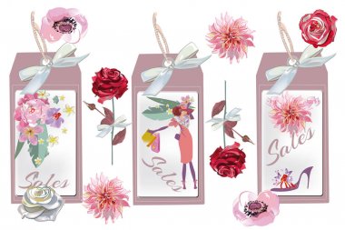 Gül ve dahlia çiçekler ve moda gilrs Etiketler tasarımı.