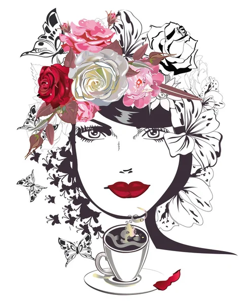 Mujer hermosa abstracta con flores y mariposas en líneas . — Vector de stock