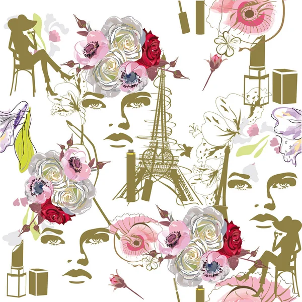 Diseño Con Torre Eiffel Corazones Flores Ilustración Dibujada Mano — Vector de stock