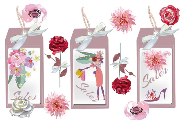 장미와 달리아 꽃과 패션 gilrs Lables 디자인. — 스톡 벡터
