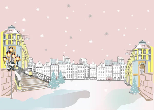 冬の旧市街のカラフルな通りの景色のシリーズ. — ストックベクタ