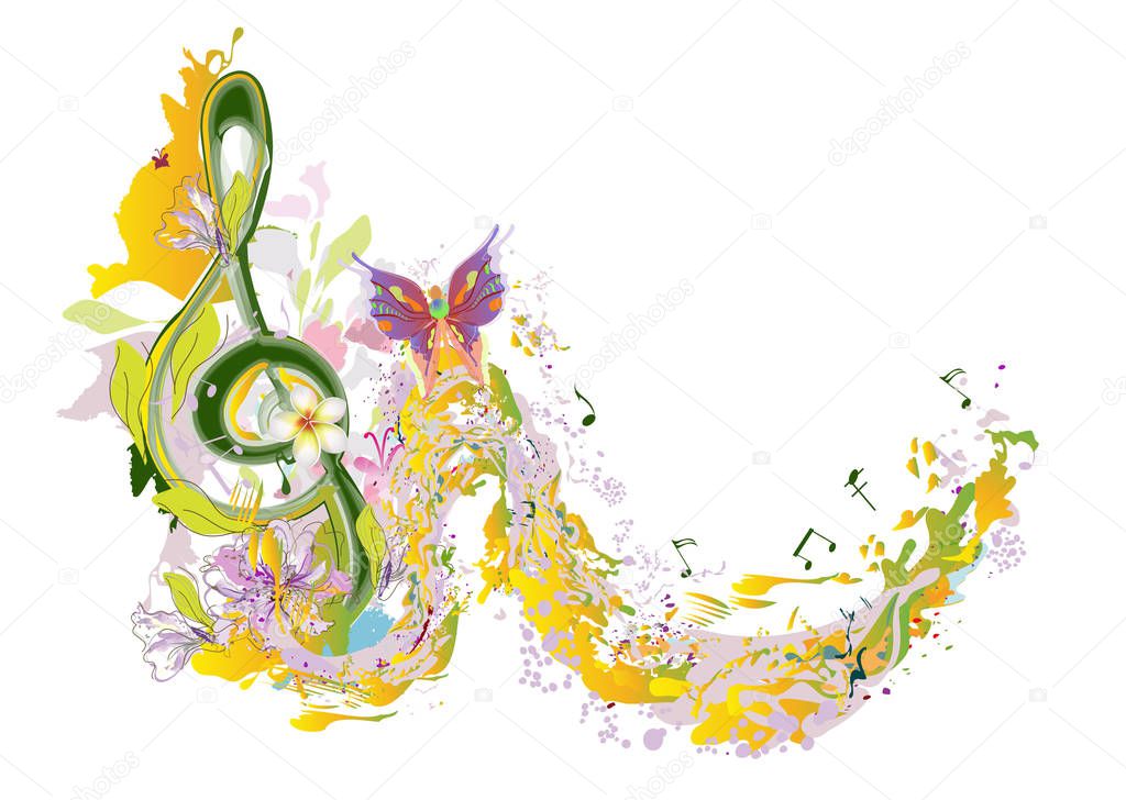Abstract musical design with a treble clef and musical waves. 