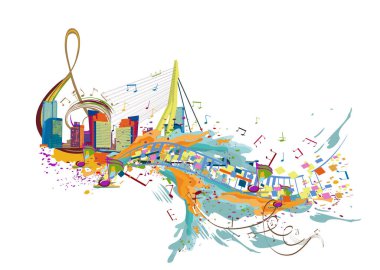 Soyut müzikal tasarım. Şehirde üç tuşlu bir anahtar ve müzikal dalgalar var.. 