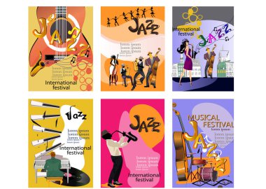 Müzisyenlerin ve caz festivali için müzik aletlerinin olduğu posterlerin tasarımı.