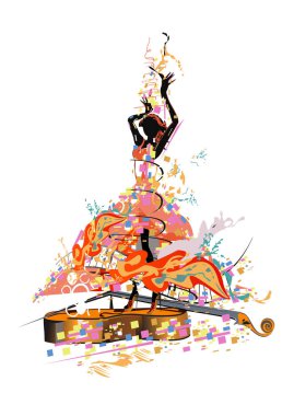 Tutkulu Latin Amerika dansları sıçramaları ile süslenmiş bir kadın ile Soyut müzikal arka plan.