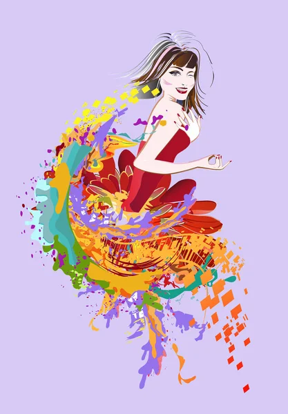 Silueta de una hermosa chica de moda de salpicaduras de colores y olas . — Vector de stock