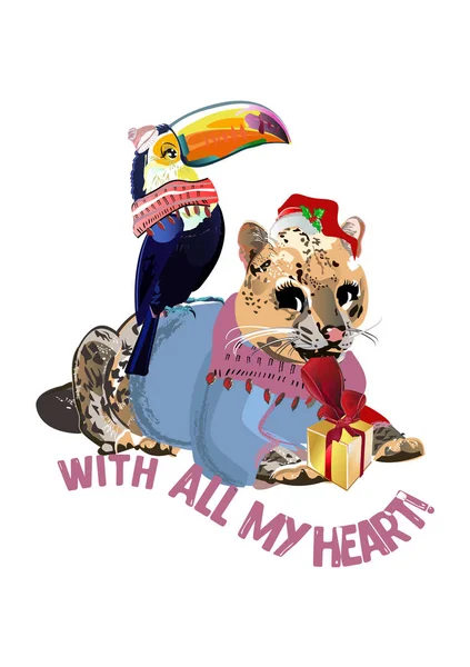 Χαριτωμένη λεοπάρδαλη και τουκάν με χριστουγεννιάτικα καπέλα και χειμωνιάτικα ρούχα με δώρο. Χειροκίνητη διανυσματική απεικόνιση. — Διανυσματικό Αρχείο