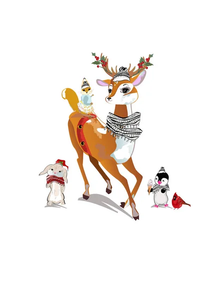 Juego de Navidad de lindos animales y pájaros en sombreros de invierno . — Vector de stock