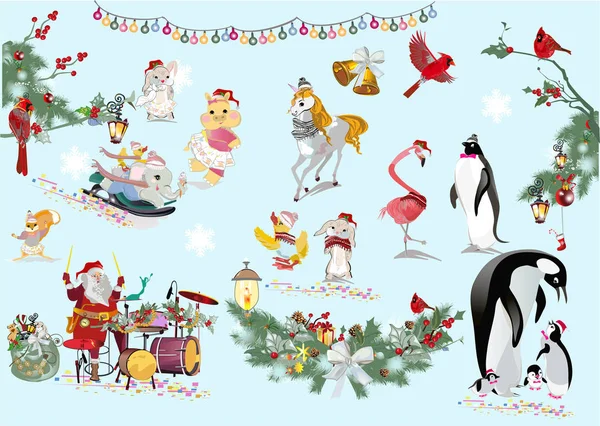Різдвяний набір милих тварин і птахів в зимових капелюхах . — стоковий вектор