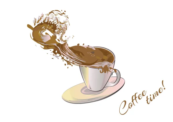 概要コーヒースプラッシュと波とフレッシュコーヒーのカップ. — ストックベクタ