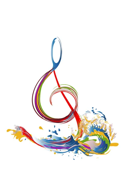 Diseño musical abstracto con una clave triple y salpicaduras y olas de colores . — Vector de stock