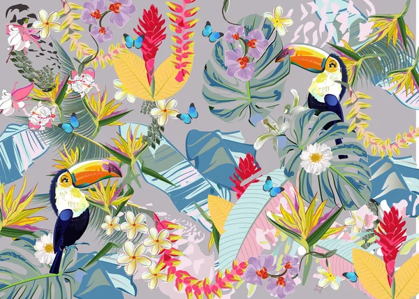 Serie de fondos florales tropicales con coloridas aves exóticas, hojas de la selva, flores . — Vector de stock