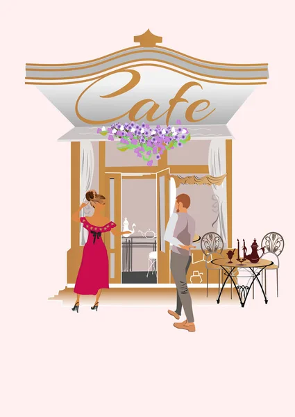 Serie av gatan caféer med människor, män och kvinnor, i den gamla staden. — Stock vektor