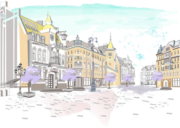 Serie av färgglada utsikt över gatan i gamla stan. — Stock vektor